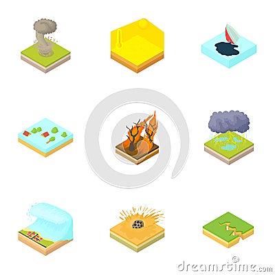 Natural accident icons set, cartoon style Vector Illustration