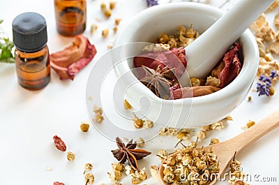 Natural apothecary with essential oils Stock Photo