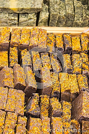 Natural aromatic handmade cinnamon soap on stall Stock Photo