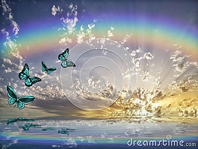 Natural background with colorful butterflies flying with rainbow in sea reflection hith Stock Photo