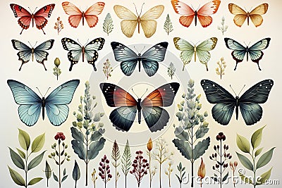 Natural background with different watercolor butterfly, natural pattern. Stock Photo