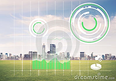 Natural background with modern cityscape green field and media i Stock Photo