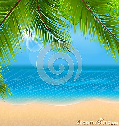 Natural Background with Palm Leaves and Beach Vector Illustration