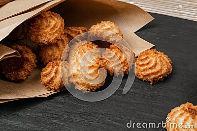 Natural baked coconut cookies or cocoanut macaroons with coco chips Stock Photo