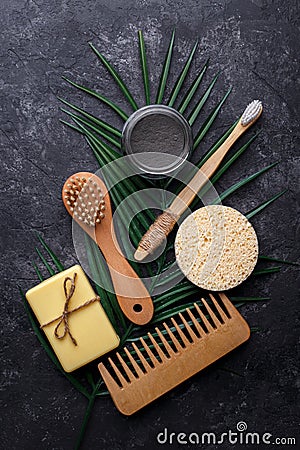 Natural bamboo tooth brushes and black dental powder Stock Photo