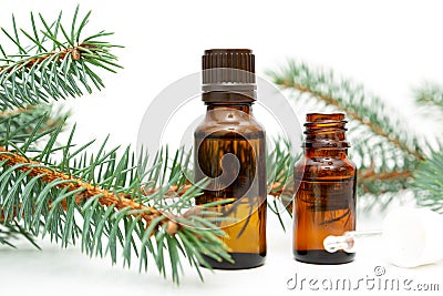 Natural beauty remedy. Small bottle of essential pine oil, pine tree twigs, alternative medicine Stock Photo