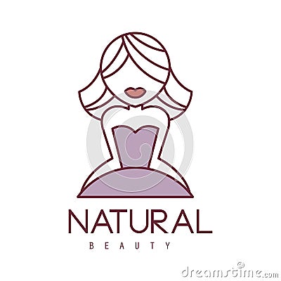 Natural Beauty Salon Hand Drawn Cartoon Outlined Sign Design Template With Blond Girl With Short Hair In Violet Dress Vector Illustration
