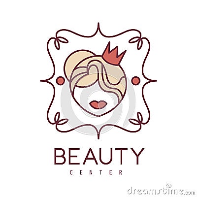 Natural Beauty Salon Hand Drawn Cartoon Outlined Sign Design Template With Woman Head In Crown In Floral Frame Vector Illustration