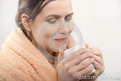 Natural beauty woman having cup of coffee or tea Stock Photo