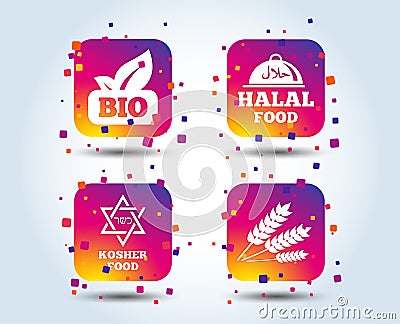Natural Bio food icons. Halal and Kosher signs. Vector Illustration