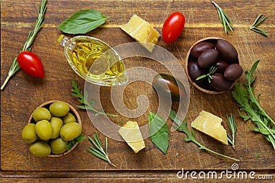 Natural black and green olives with herbs Stock Photo