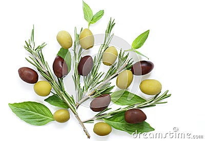 Natural black and green olives with herbs Stock Photo