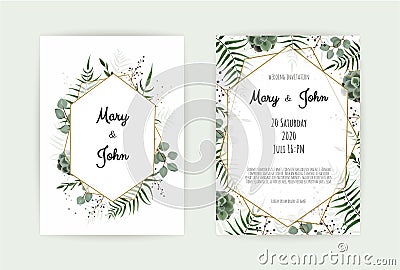 Natural botanical wedding invitation template. Vector floral design card. Geometrical golden frame, border with copy Vector Illustration