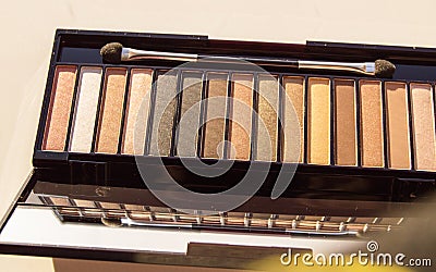 Natural brown Nude eyeshadow palette close-up, with tassel on white background Stock Photo