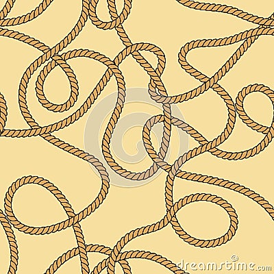 Natural brown tangled twine rope on beige seamless pattern, vector Vector Illustration