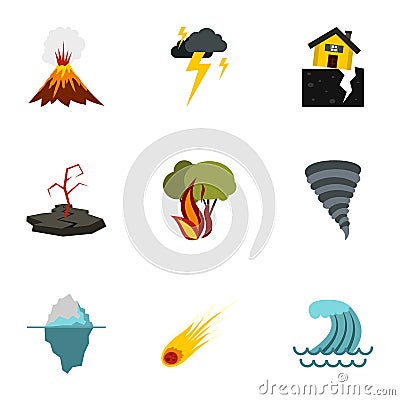 Natural cataclysm icons set, flat style Vector Illustration