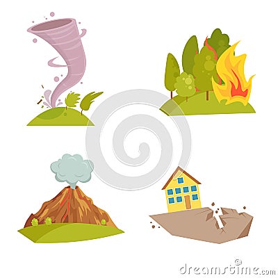 Natural cataclysm icons set. Tsunami wave, tornado swirl, flame meteorite, volcano eruption, sandstorm, deglaciation Vector Illustration