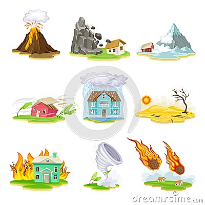 Natural Cataclysms with Drought and Volcanic Eruption Vector Illustrations Set Vector Illustration