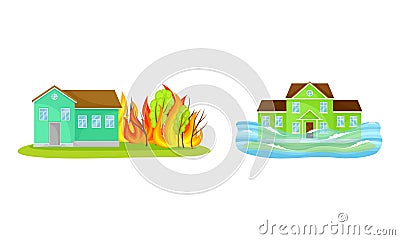 Natural Cataclysms with Flood and Wildfire Vector Set Vector Illustration