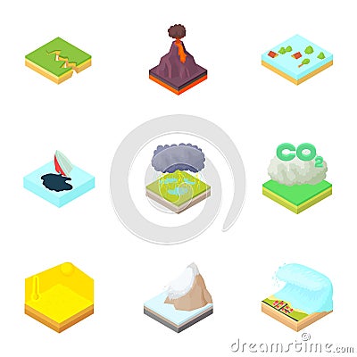 Natural catastrophe icons set, cartoon style Vector Illustration