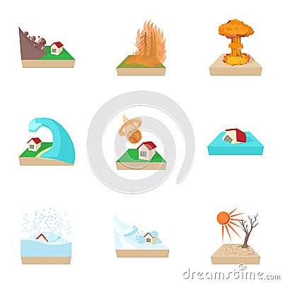 Natural catastrophe icons set, cartoon style Vector Illustration