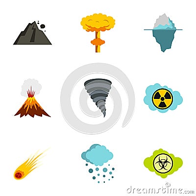 Natural catastrophe icons set, flat style Vector Illustration