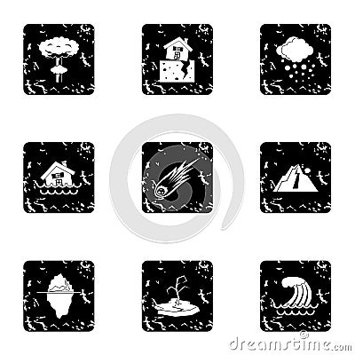 Natural catastrophe icons set, grunge style Vector Illustration