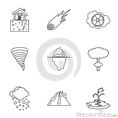 Natural catastrophe icons set, outline style Vector Illustration