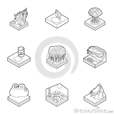 Natural catastrophe icons set, outline style Vector Illustration