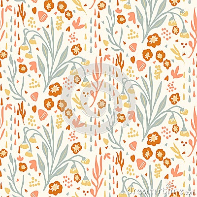 Natural chic boho flower seamless pattern in ditzy wildflower style. Hand drawn organic botanics fashion print. Modern Vector Illustration