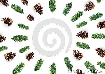 Natural Christmas Layout Composition With Pine Cones and Fir Bra Stock Photo