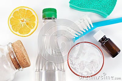 Natural cleaner. Vinegar, baking soda, salt, lemon Stock Photo