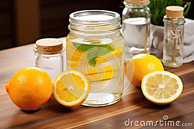 natural cleaner with vinegar, water, citrus peels in jar Stock Photo