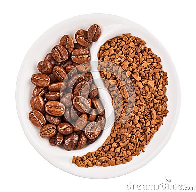 Natural coffee beans versus instant one Stock Photo