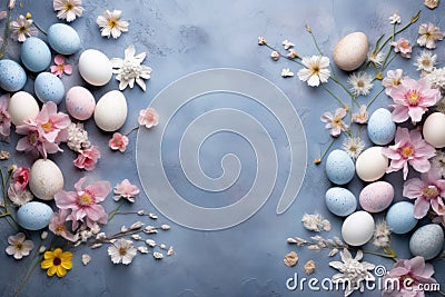 Natural colorant painted eggs on concrete table with leaves, happy Easter celebration concept, top view, copy space for Stock Photo