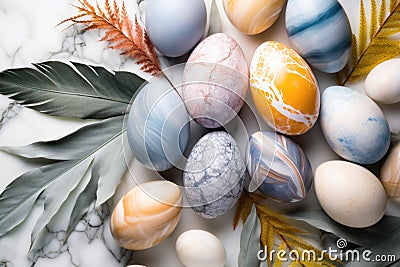 Natural colorant painted eggs with marble effect on table with tropical leaves, happy Easter celebration concept. Stock Photo