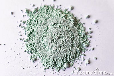 Natural colored pigment powder close up, matt pastel green eyeshadow or powder mica pigment on a white background Stock Photo