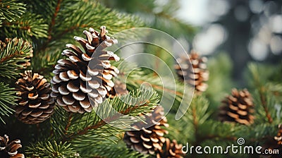 Natural cones and spruce twigs. Christmas and winter background in natural forest colors Stock Photo