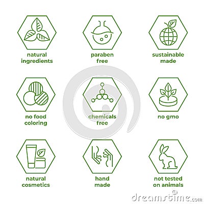 Natural cosmetic line badge. Bio and eco marking on packaging, labels with information about ingredients and testing Vector Illustration