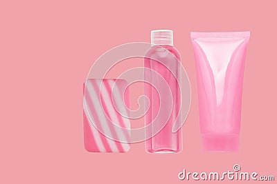 Natural cosmetic. A set for washing. Foam cleansing, moisturizing, nourishing from acne and wrinkles, soap and pink tonic, Stock Photo