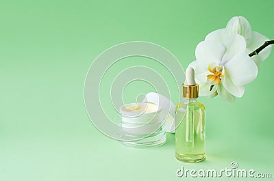 Natural cosmetics anti-aging, anti-wrinkle, for youth, skin elasticity on green background. cream, mask in jar, serum, fluid, oil Stock Photo