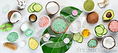 Natural Cosmetics: Avocado, coconut, sea salt and face cream. The concept of cosmetics and spa. Stock Photo