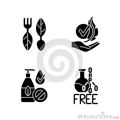 Natural cosmetics black glyph icons set on white space Vector Illustration