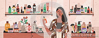 Natural cosmetics, eco products choosing in store flat illustration. Female shop assistant, cosmetic buyer cartoon Vector Illustration