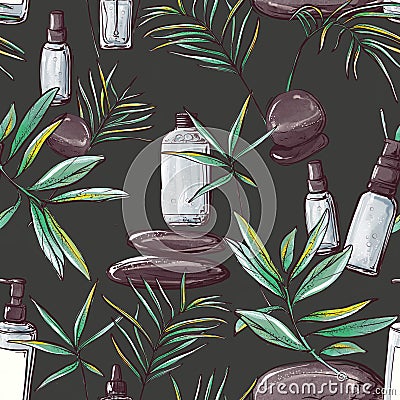 Natural cosmetics print, beauty treatment organic seamless pattern in dark color . aroma bodycare design Stock Photo