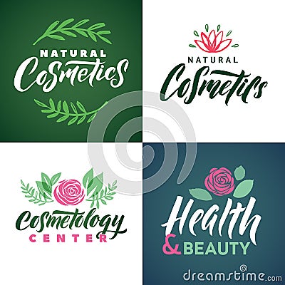 Natural Cosmetics Vector Logo. Health, Beauty and Cosmetogy Center. Leaves Illustration. Brand Lettering. Vector Illustration