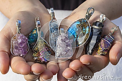 Natural Crystal and Stone Jewelry Stock Photo