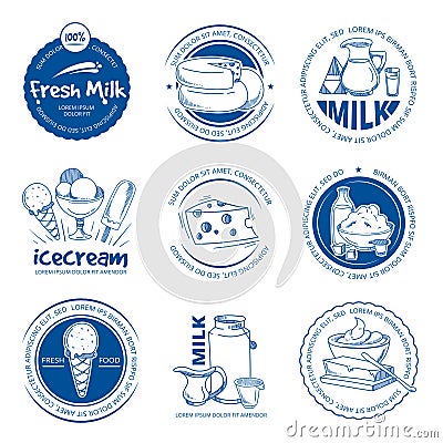 Natural dairy products, farm fresh milk vector hand drawn labels and logos Vector Illustration