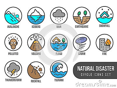Natural disaster basic circle icon set with tide volcano erupting earthquake flood isolated vector design Vector Illustration