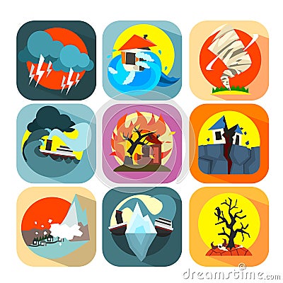 Natural disaster catastrophe and crisis flat set Vector Illustration